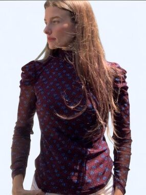 Diane Von Furstenberg Remy Mesh Print Top Sheer Sleeves Rushed Shoulder Like New